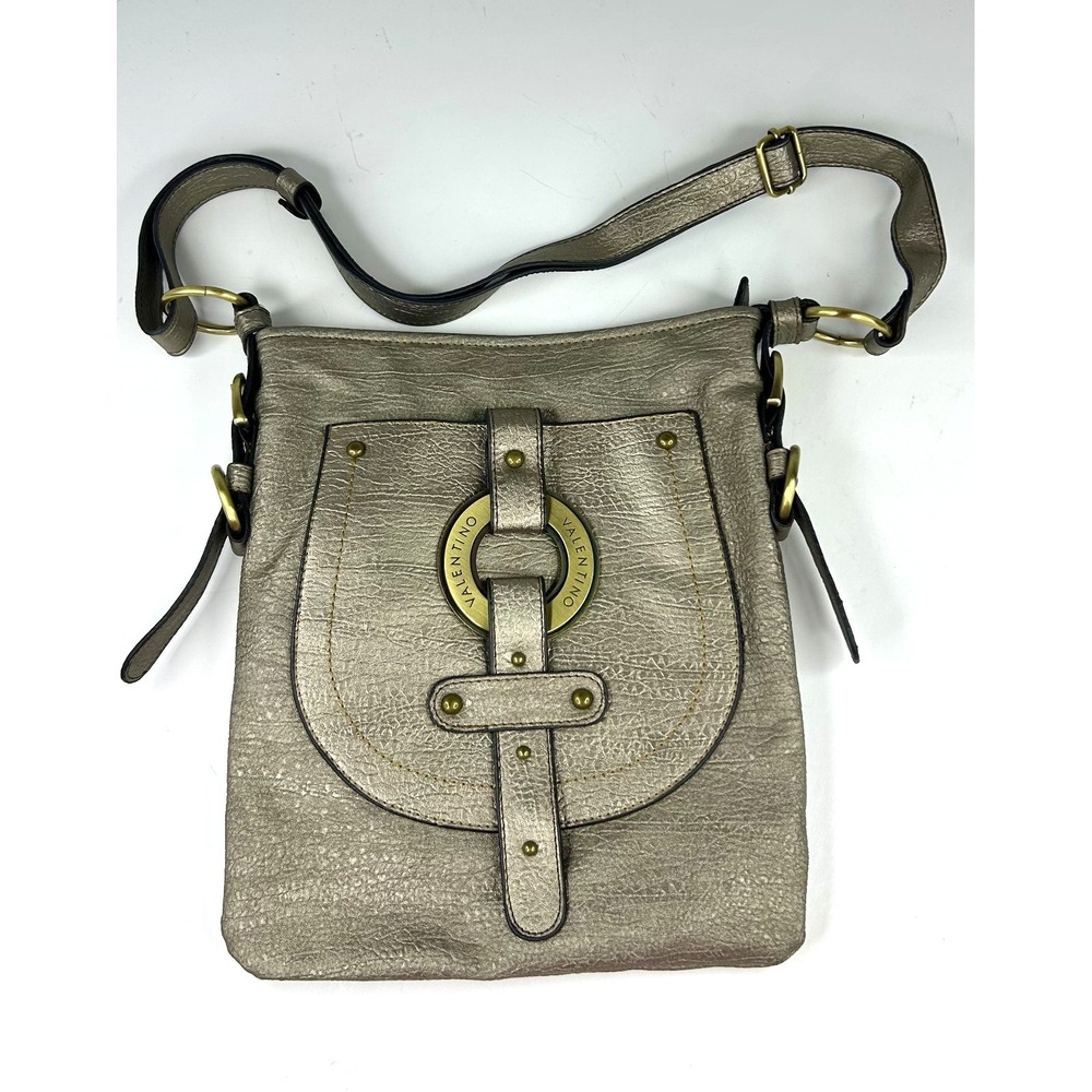 Valentino Metallic Silver Grained Leather Med. Crossbody Shoulder Bag O-Ring EUC